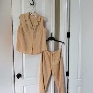 JMP J.M.P. Sleeveless top and cropped lined pants 100% linen set beige tan M